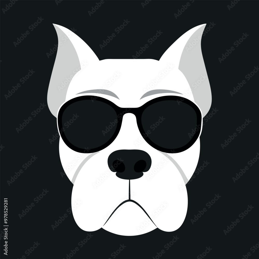 Fototapeta premium a dog's head. The dog appears to be a boxer or a similar breed, with a wrinkled face and a pointed nose. It is wearing large, round sunglasses with a white frame and dark lenses