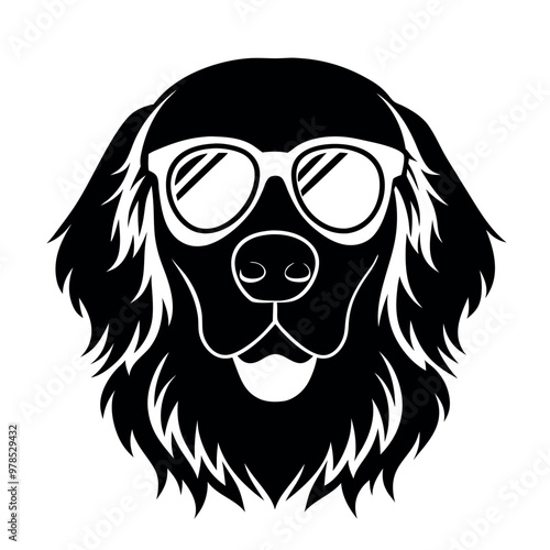 a black and white illustration of a Golden retriever dog's head. The dog appears to be a Newfoundland or a similar breed, with a long, shaggy coat and a round face