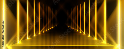 Stage catwalk with neon line lamp and gold spotlight beams on black background. Realistic 3d vector abstract scene or nightclub hall with golden light for winner award ceremony or presentation.
