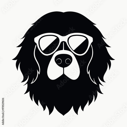 a black and white illustration of a Golden retriever dog's head. The dog appears to be a Newfoundland or a similar breed, with a long, shaggy coat and a round face