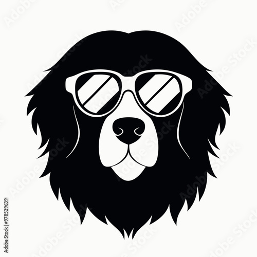 a black and white illustration of a Golden retriever dog's head. The dog appears to be a Newfoundland or a similar breed, with a long, shaggy coat and a round face