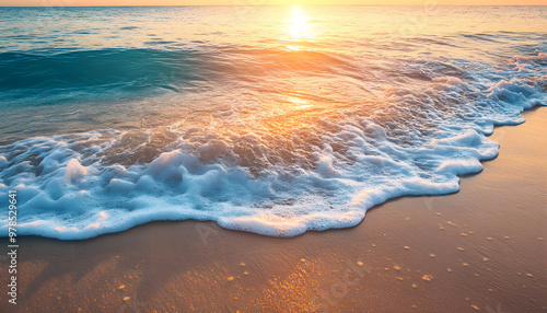Crystal-clear turquoise waters with gentle waves lapping at a pristine beach under a golden sunset