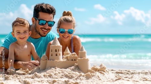 Delightful Family Building Elaborate Sandcastle on Serene Seaside Vacation with Sparkling Water and