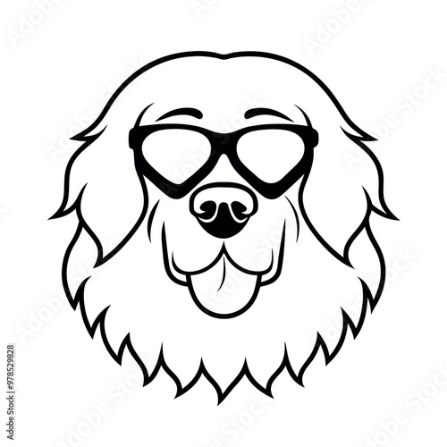 a black and white illustration of a Golden retriever dog's head. The dog appears to be a Newfoundland or a similar breed, with a long, shaggy coat and a round face