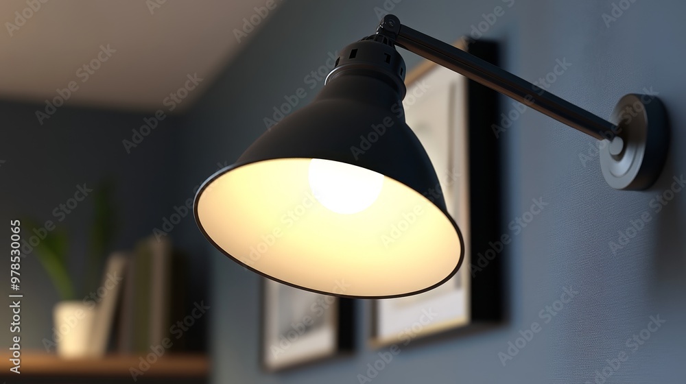 A modern black wall lamp illuminating a cozy room with artistic decor and green plants, creating a warm and inviting atmosphere. A modern black wall lamp illuminating a cozy room with artistic decor and green plants, creating a warm and inviting atmosphere.