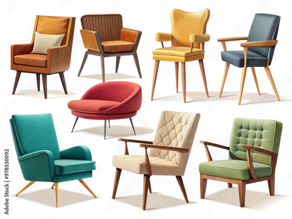 Stylized illustrations of mid-century modern chairs in various textures and colors against a clean white background for interior design visualizations. Stylized illustrations of mid-century modern chairs in various textures and colors against a clean white background for interior design visualizations.