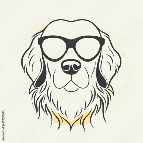 a black and white illustration of a Golden retriever dog's head. The dog appears to be a Newfoundland or a similar breed, with a long, shaggy coat and a round face