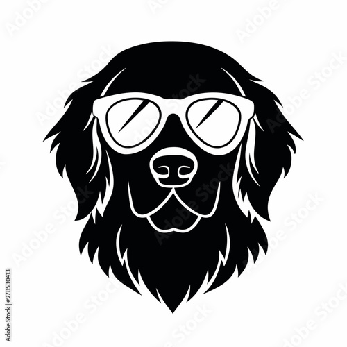 a black and white illustration of a Golden retriever dog's head. The dog appears to be a Newfoundland or a similar breed, with a long, shaggy coat and a round face