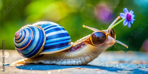 Slowly meandering snail with vibrant blue stripes on its shell, wearing a tiny pair of sunglasses, and holding a small, delicate flower. photo