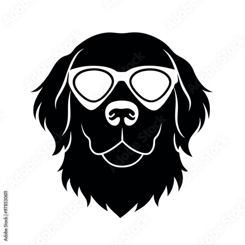 a black and white illustration of a Golden retriever dog's head. The dog appears to be a Newfoundland or a similar breed, with a long, shaggy coat and a round face