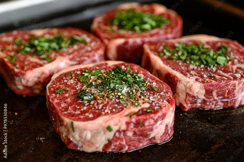 Close up of juicy, seasoned beef steaks on a grill or pan Close up of juicy, seasoned beef steaks on a grill or pan