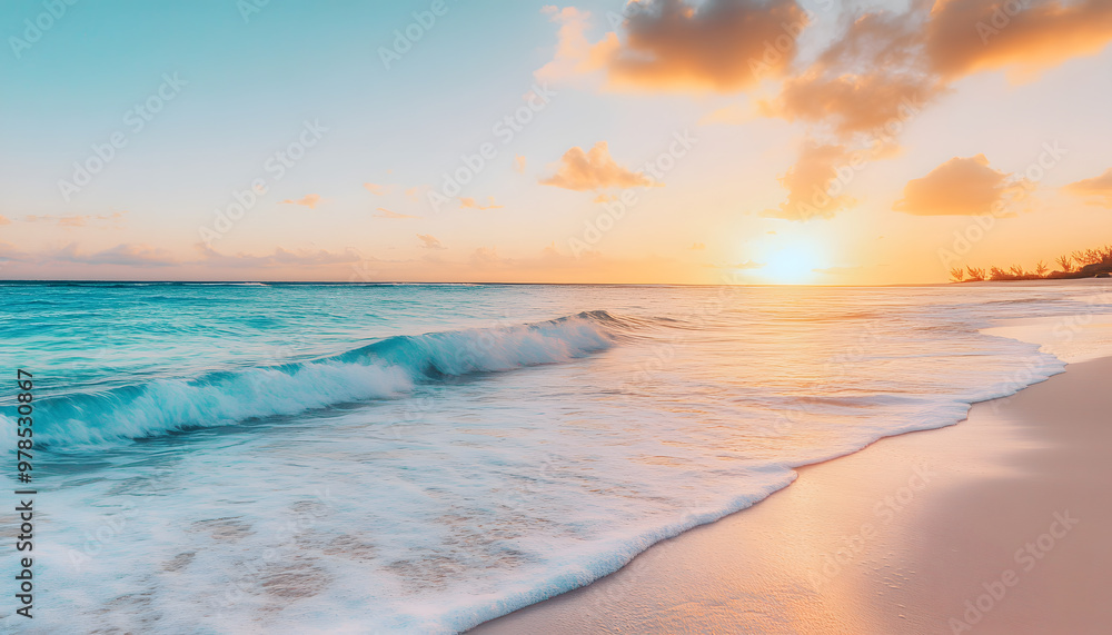 Obraz premium Crystal-clear turquoise waters with gentle waves lapping at a pristine beach under a golden sunset