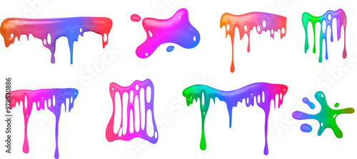 Rainbow colored slime mucus drip. Realistic 3d vector illustration set of sticky liquid toxic spooky drop and splash for Halloween design. Dripping multicolor fluid poison goo blob with splatter.