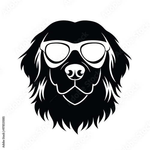 a black and white illustration of a Golden retriever dog's head. The dog appears to be a Newfoundland or a similar breed, with a long, shaggy coat and a round face