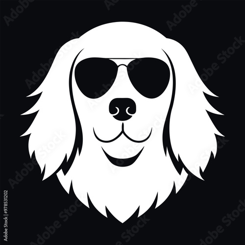 a black and white illustration of a Golden retriever dog's head. The dog appears to be a Newfoundland or a similar breed, with a long, shaggy coat and a round face