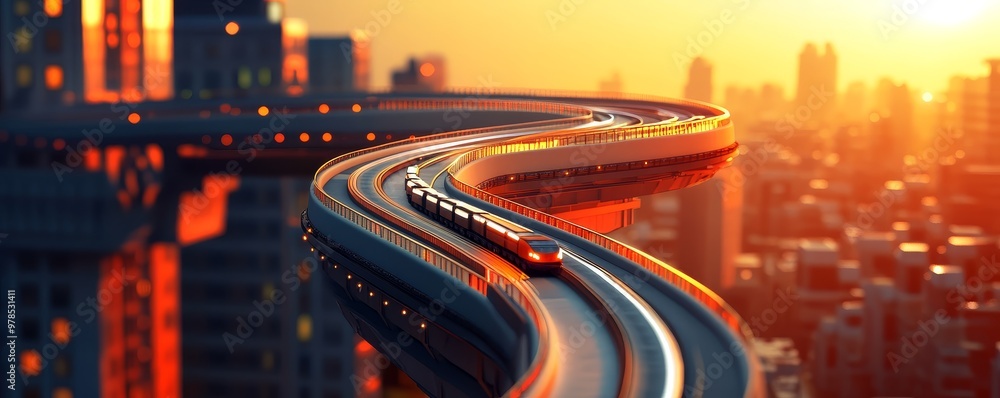 Fototapeta premium A stunning sunset view with a train traveling on a curved track through a bustling cityscape, highlighting urban transportation.
