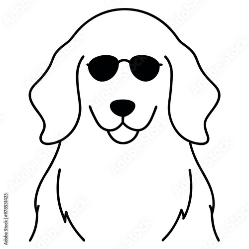 a black and white illustration of a Golden retriever dog's head. The dog appears to be a Newfoundland or a similar breed, with a long, shaggy coat and a round face