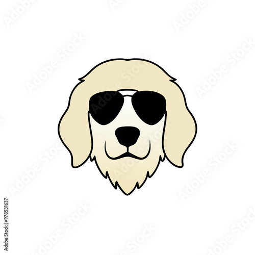 a black and white illustration of a Golden retriever dog's head. The dog appears to be a Newfoundland or a similar breed, with a long, shaggy coat and a round face