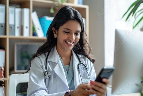 Professionalism and the integration of technology in modern healthcare, medical professional, remote online consultation. Indian female doctor sitting in his office, working online on laptop