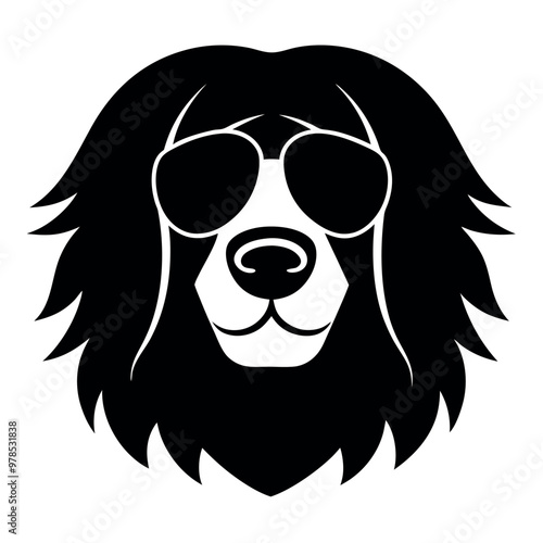 a black and white illustration of a Golden retriever dog's head. The dog appears to be a Newfoundland or a similar breed, with a long, shaggy coat and a round face