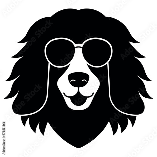 a black and white illustration of a Golden retriever dog's head. The dog appears to be a Newfoundland or a similar breed, with a long, shaggy coat and a round face