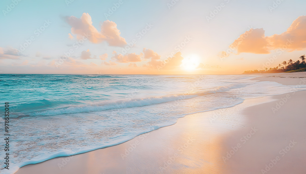 Fototapeta premium Crystal-clear turquoise waters with gentle waves lapping at a pristine beach under a golden sunset