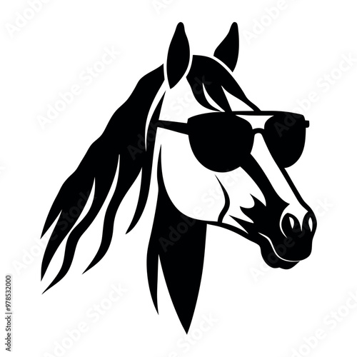 a black and white illustration of a horse's head. The horse is facing towards the right side of the image, with its head turned slightly to the left. It has a pair of sunglasses on its head