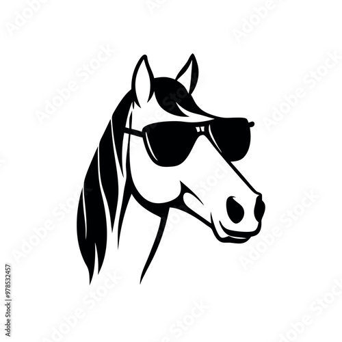 a black and white illustration of a horse's head. The horse is facing towards the right side of the image, with its head turned slightly to the left. It has a pair of sunglasses on its head