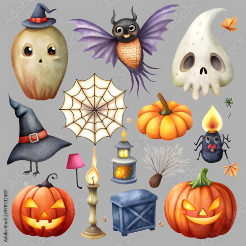 Free Vector A collection of halloween items including pumpkins witch generative ai 