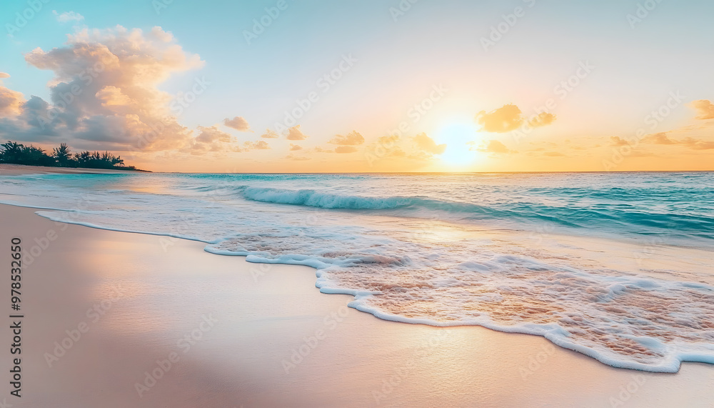 Fototapeta premium Crystal-clear turquoise waters with gentle waves lapping at a pristine beach under a golden sunset