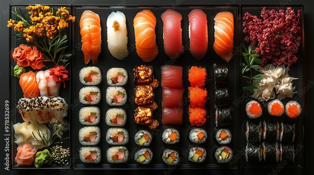 Colorful sushi platter featuring a variety of rolls, nigiri, and garnishes, perfect for culinary presentations and Japanese cuisine themes. Colorful sushi platter featuring a variety of rolls, nigiri, and garnishes, perfect for culinary presentations and Japanese cuisine themes.