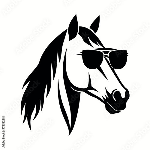 a black and white illustration of a horse's head. The horse is facing towards the right side of the image, with its head turned slightly to the left. It has a pair of sunglasses on its head