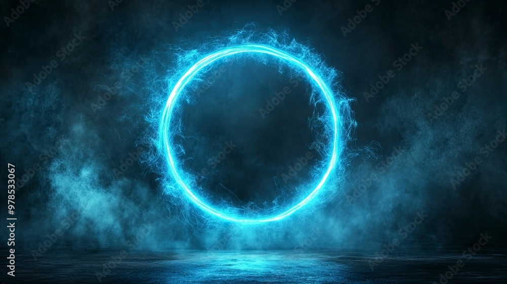 Neon blue color geometric circle on a dark background. Round mystical portal. Mockup for your logo. Futuristic smoke. Mockup for your logo. generative ai Neon blue color geometric circle on a dark background. Round mystical portal. Mockup for your logo. Futuristic smoke. Mockup for your logo. generative ai