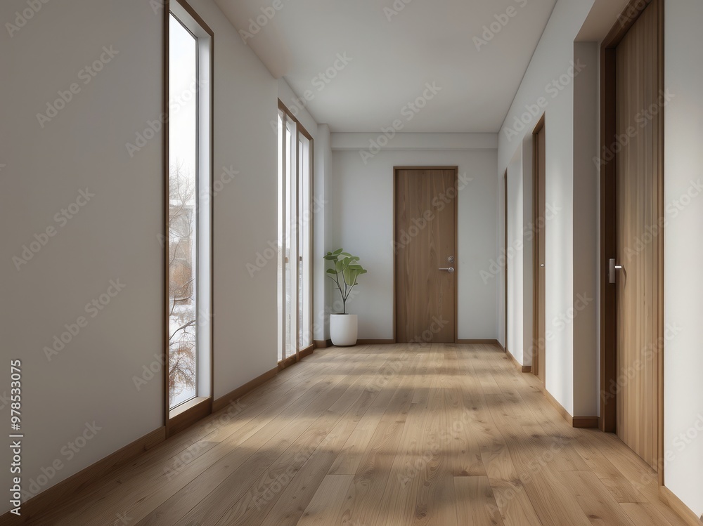 Fototapeta premium Minimalist Hallway with Wooden Floors and Doors