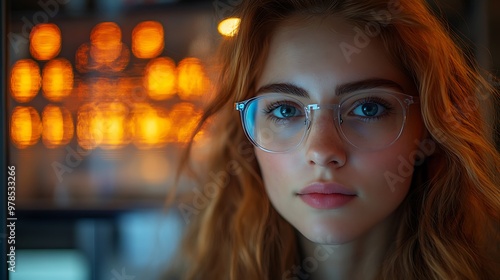 A young woman with blue eyes and red hair wearing glasses looks at the camera.