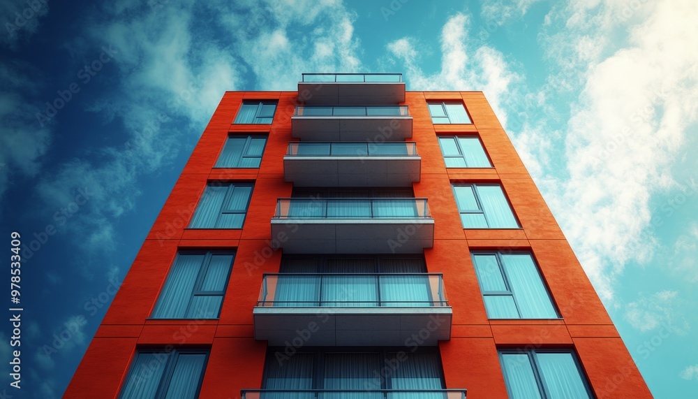 Modern Apartment Building with Balconies and Windows against a Blue Sky Modern Apartment Building with Balconies and Windows against a Blue Sky