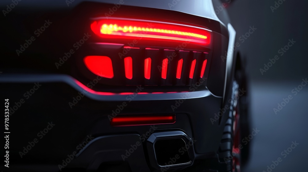 Close-up of a sleek car tail light showcasing vibrant red illumination and modern design aesthetics in a dark environment. Close-up of a sleek car tail light showcasing vibrant red illumination and modern design aesthetics in a dark environment.