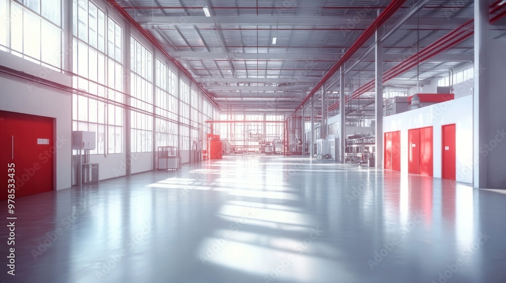 A spacious industrial interior with large windows and red doors, designed for manufacturing activities. A spacious industrial interior with large windows and red doors, designed for manufacturing activities.