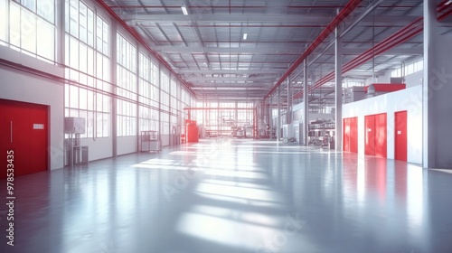 A spacious industrial interior with large windows and red doors, designed for manufacturing activities.