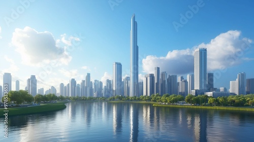 A stunning modern cityscape with a towering skyscraper dominating the skyline. 