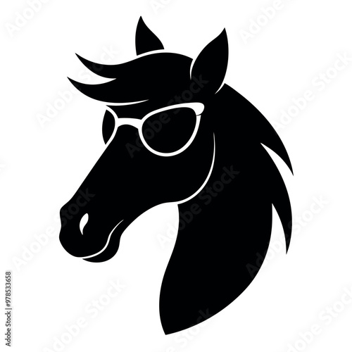 a black and white illustration of a horse's head. The horse is facing towards the right side of the image, with its head turned slightly to the left. It has a pair of sunglasses on its head