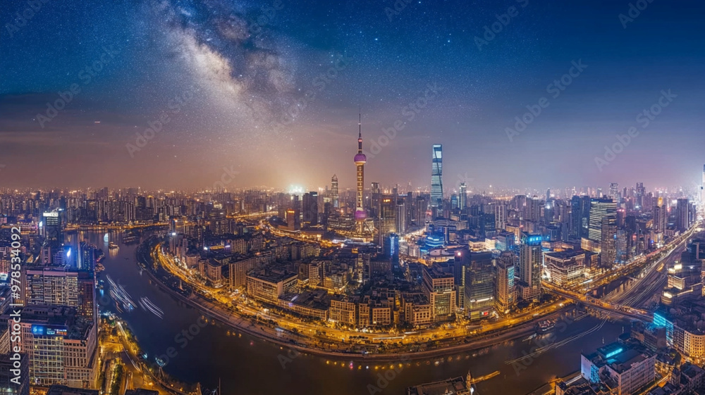 Fototapeta premium Shanghai skyline showing the milky way over the huangpu river at night