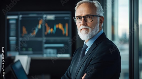 Confident senior businessman in a modern office with financial charts on screens. He exudes experience and professionalism.