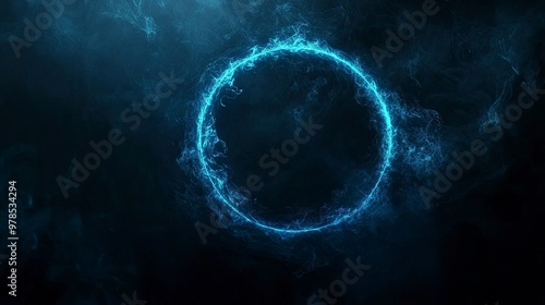 Neon blue color geometric circle on a dark background. Round mystical portal. Mockup for your logo. Futuristic smoke. Mockup for your logo. generative ai