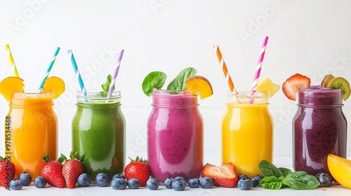 Vibrant array of fresh fruit smoothies in colorful mason jars with straws, garnished with fruits and vegetables.