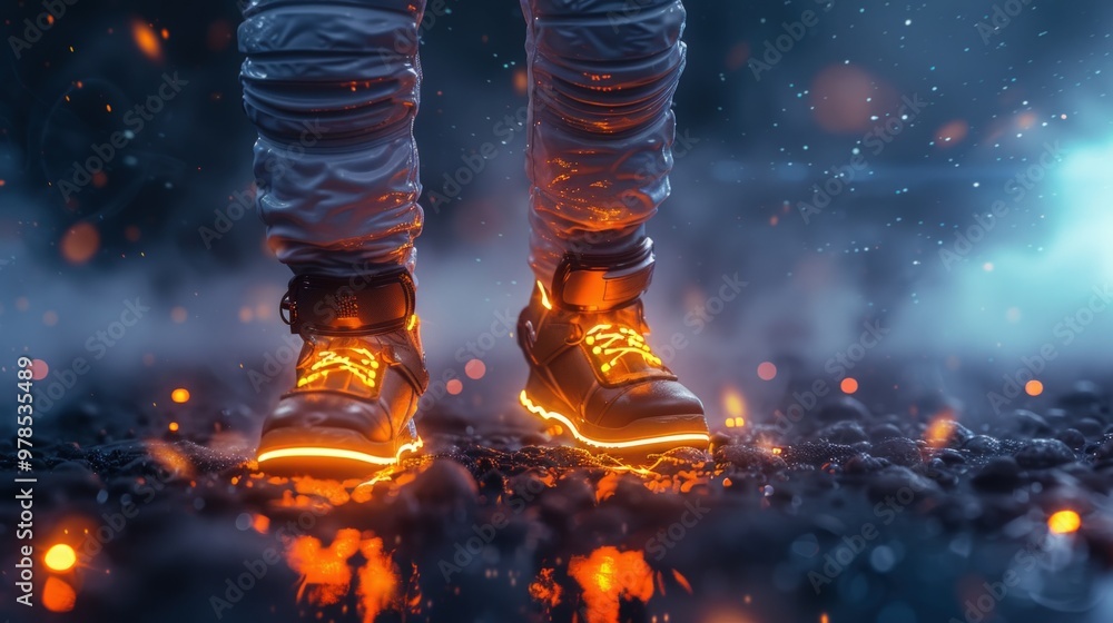 A pair of glowing boots stand on a dark surface with flames and sparks beneath. A pair of glowing boots stand on a dark surface with flames and sparks beneath.