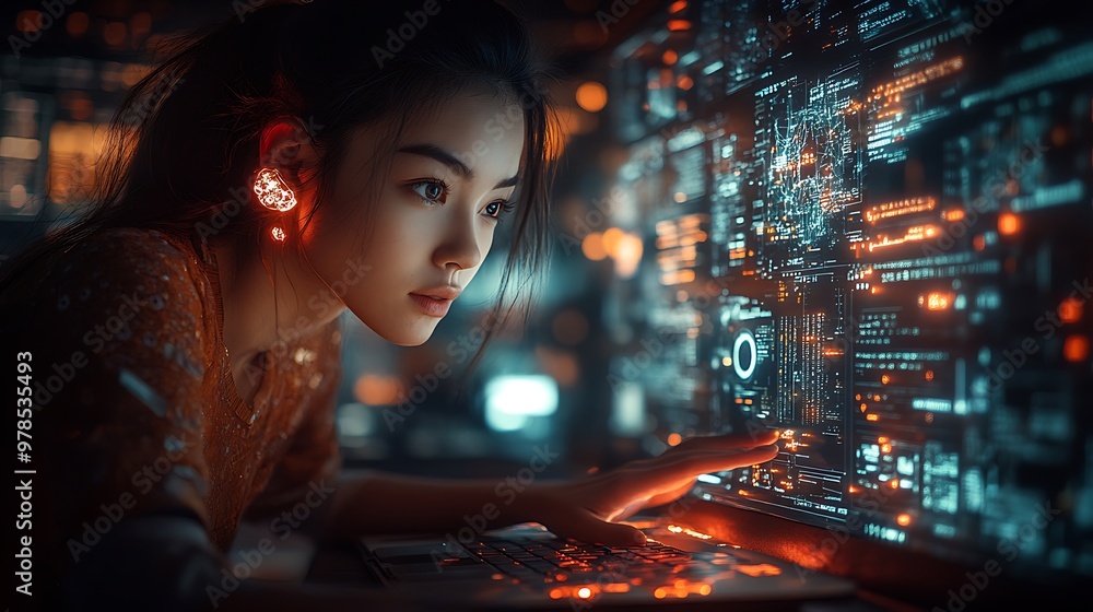 A young woman working on a laptop, surrounded by a digital interface. A young woman working on a laptop, surrounded by a digital interface.