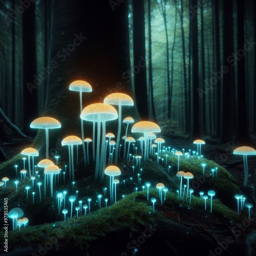 Representation of glowing mushrooms in a dark enchanted forest, bioluminescence , otherworldly and mystical nature
