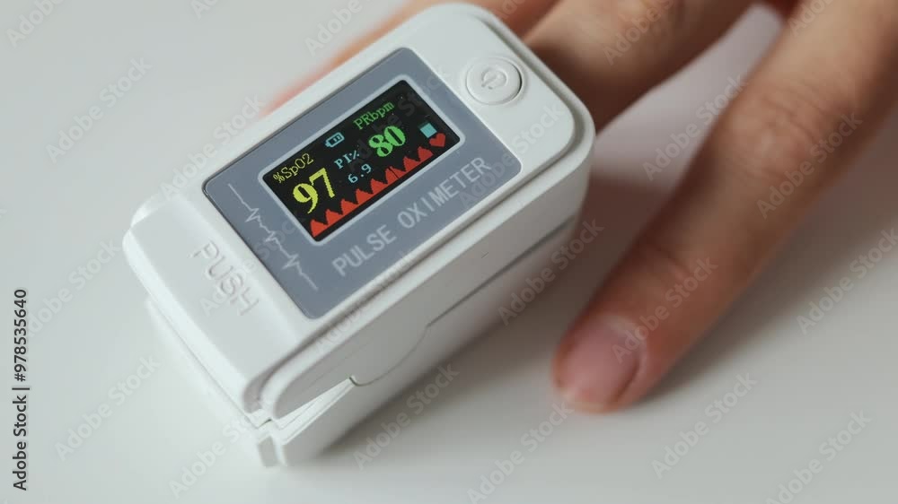 Unrecognizable woman monitoring blood oxygen level using digital fingertip oximeter to measure her pulse and saturation ensuring proper health care during routine medical checkup Unrecognizable woman monitoring blood oxygen level using digital fingertip oximeter to measure her pulse and saturation ensuring proper health care during routine medical checkup