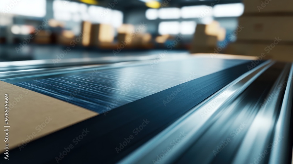 A close-up view of a conveyor belt in a warehouse, showcasing packaging and logistics. A close-up view of a conveyor belt in a warehouse, showcasing packaging and logistics.
